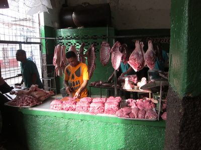 Freshly butchered meat.  Not much (any?) refrigeration...